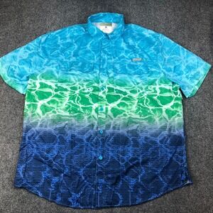 Ocean Coast Mens XL Fishing Shirt Blue Green Ombre Shark Print Ocean Advantage